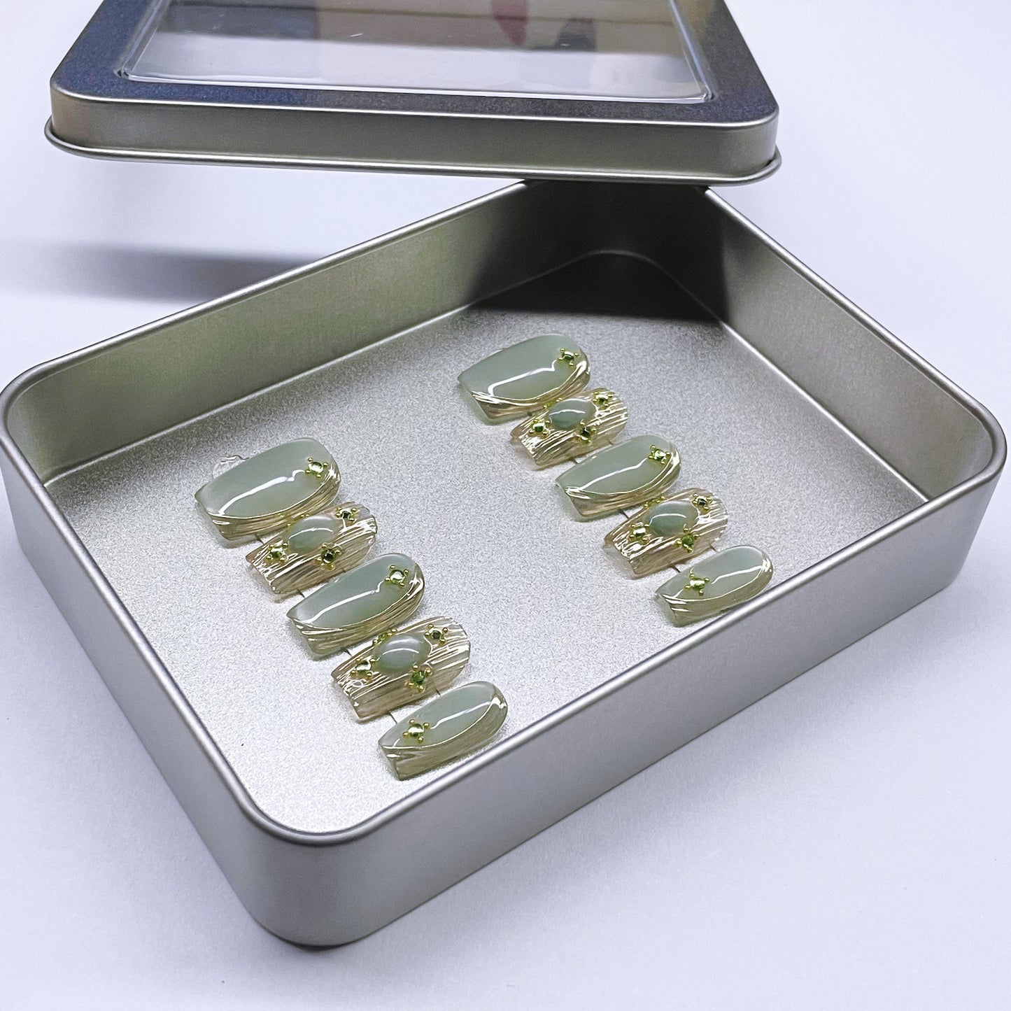 (M) Mint - green Marbled Hand - made Press  on Nails