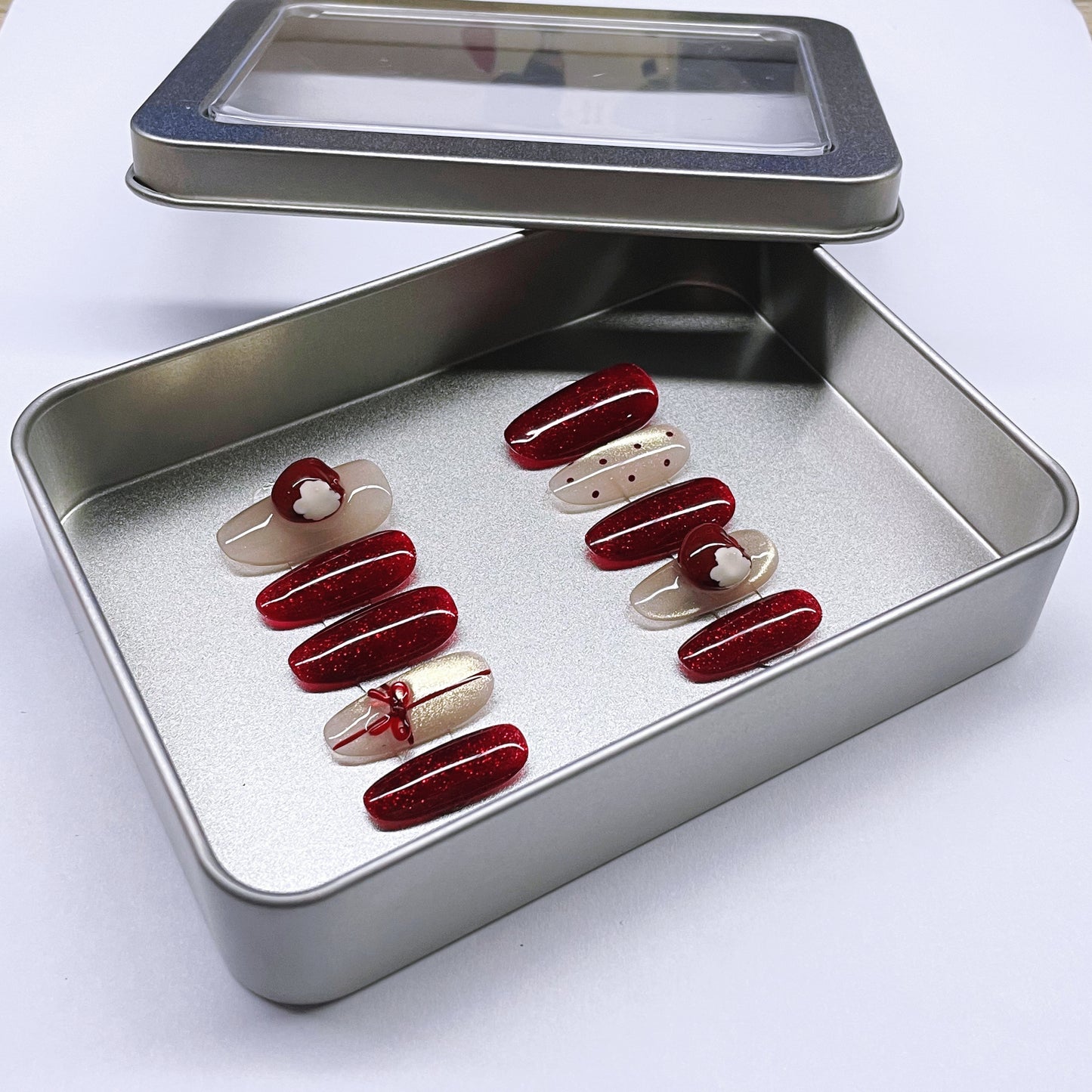 (M) Crimson - hued Handmade Press - on Nails with Delicate Patterns