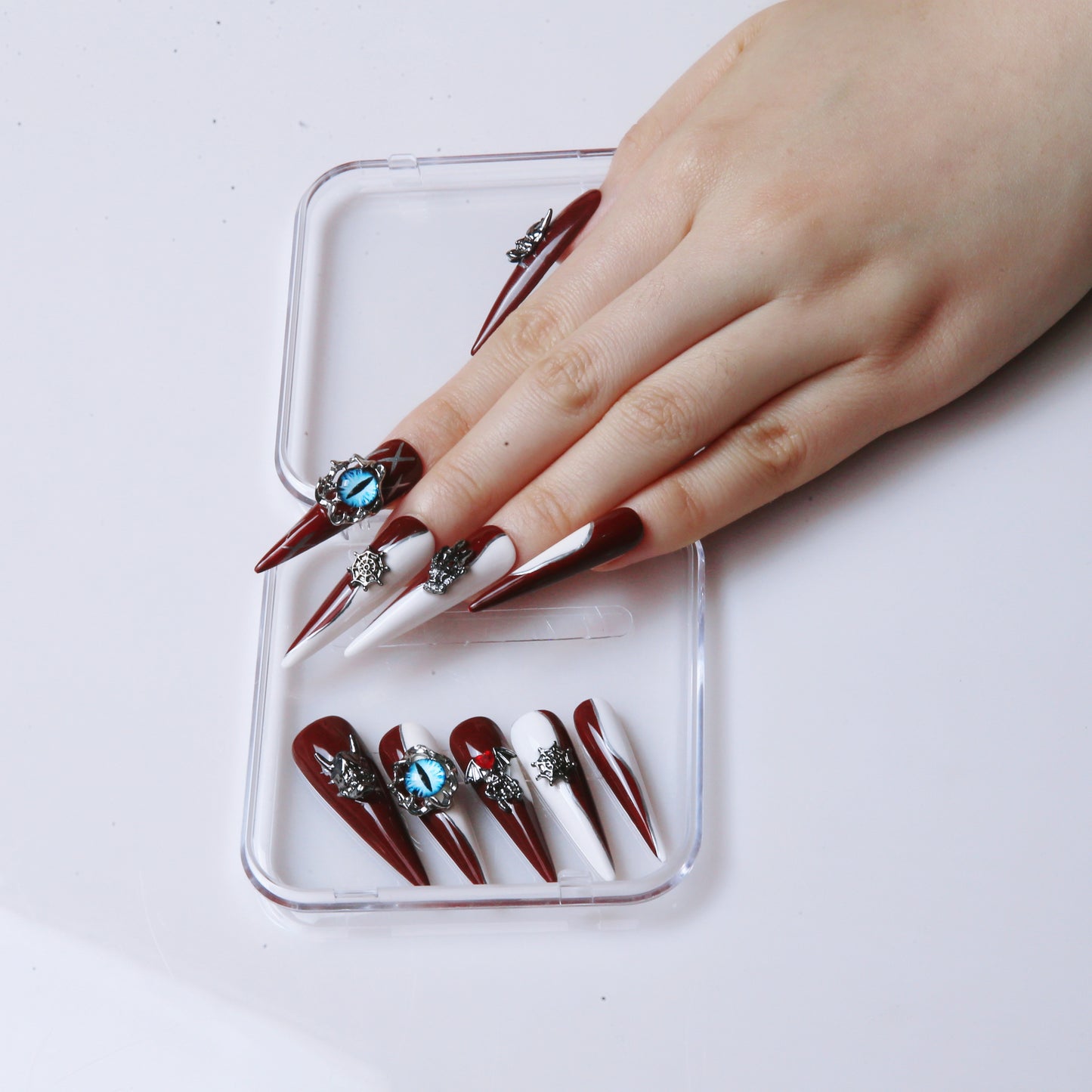 Demon - Eye Burgundy White Stripe Handmade  Press On Nails