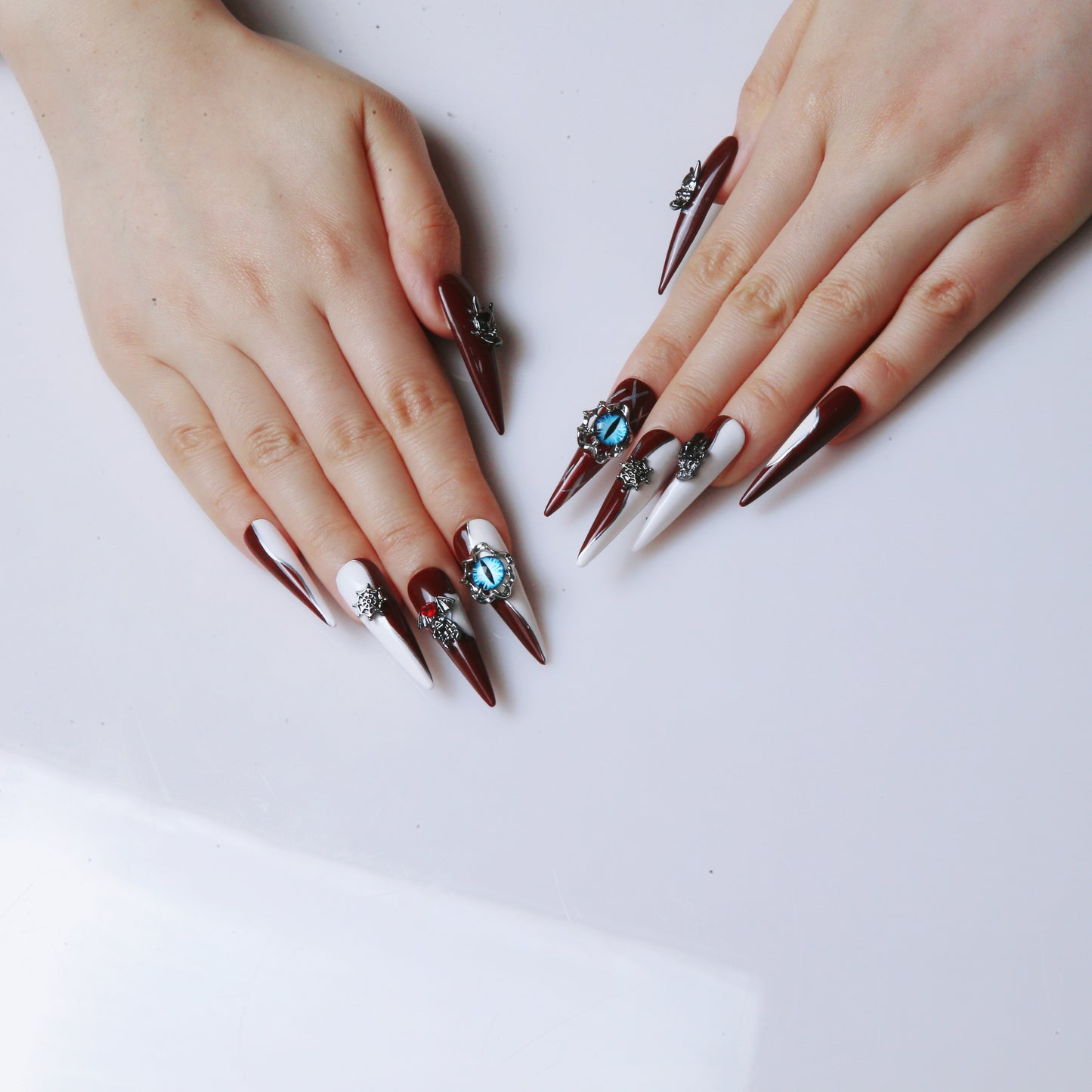 Demon - Eye Burgundy White Stripe Handmade  Press On Nails