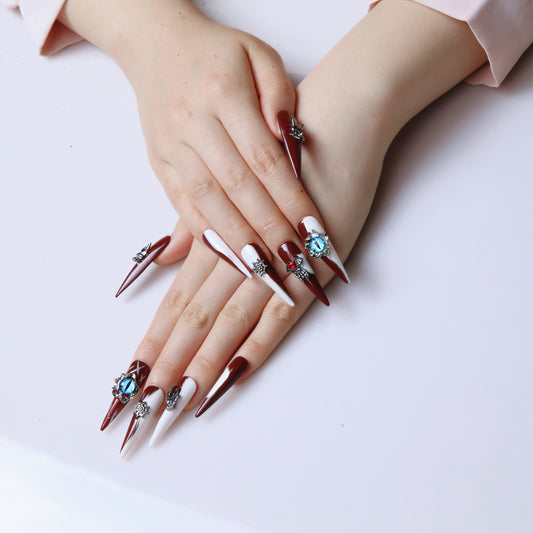 Demon - Eye Burgundy White Stripe Handmade  Press On Nails