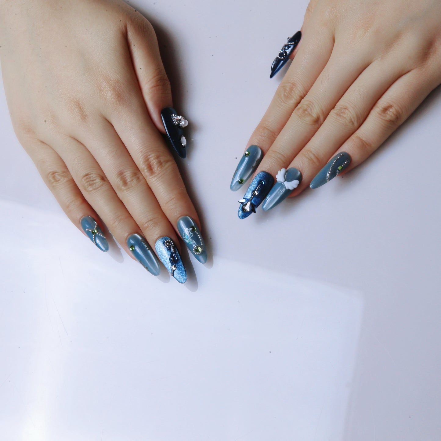 Blue-Green Glitter Embellished Handmade Press on Nails