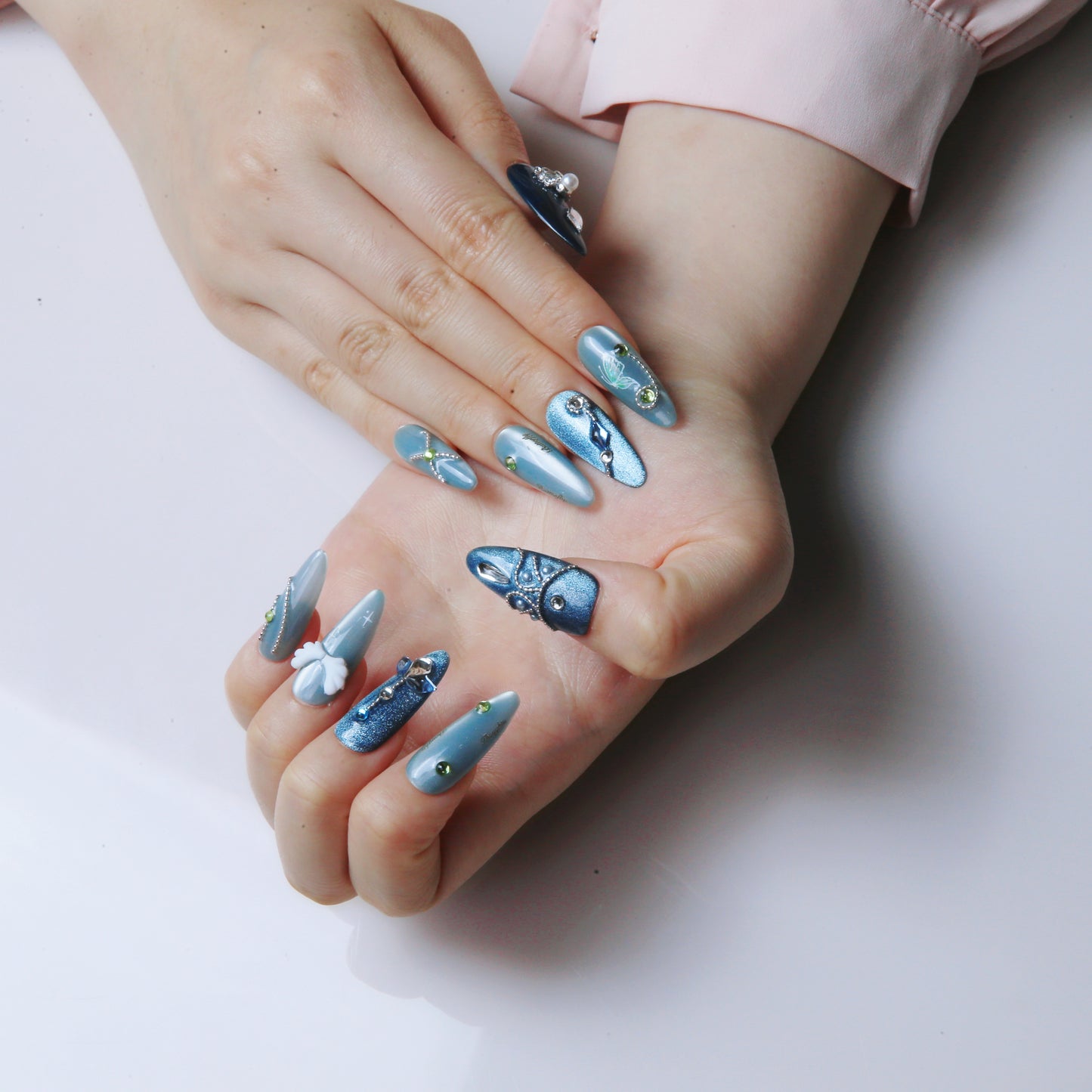 Blue-Green Glitter Embellished Handmade Press on Nails