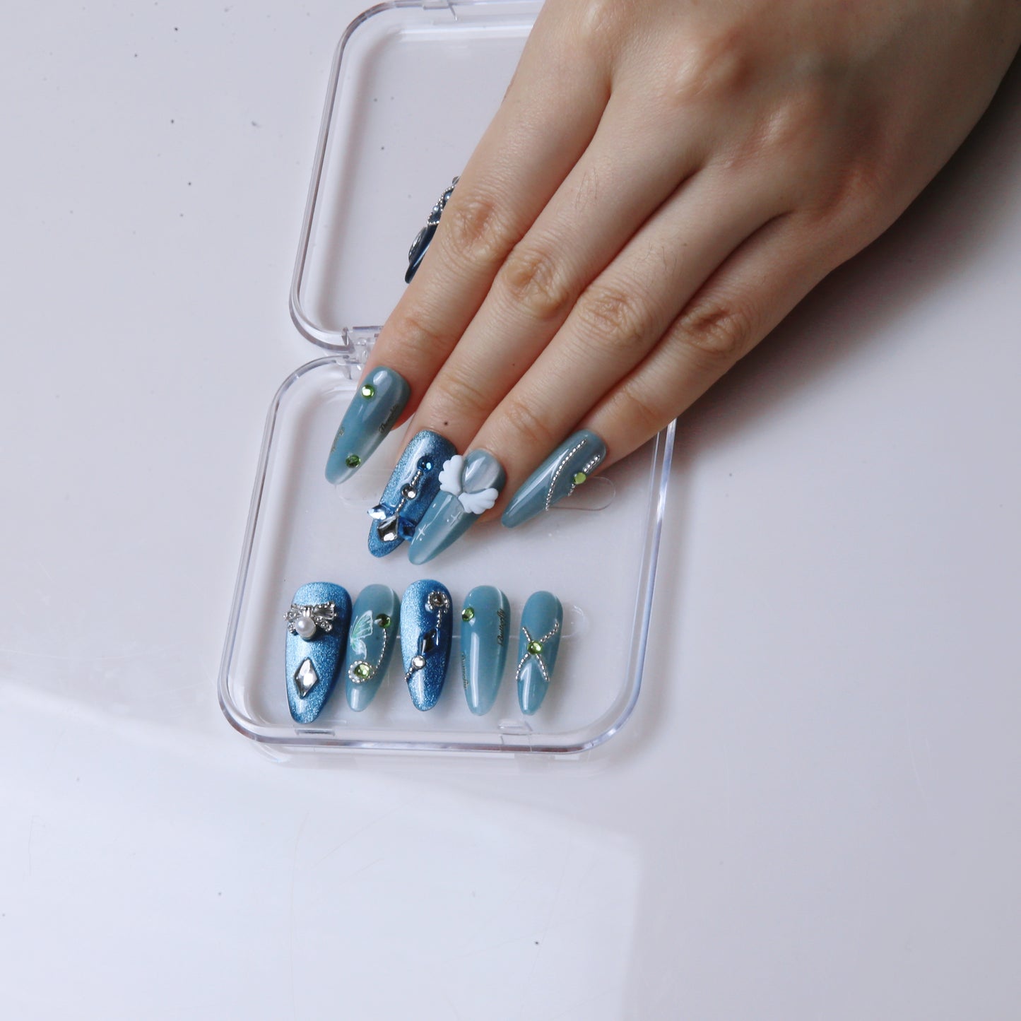 Blue-Green Glitter Embellished Handmade Press on Nails