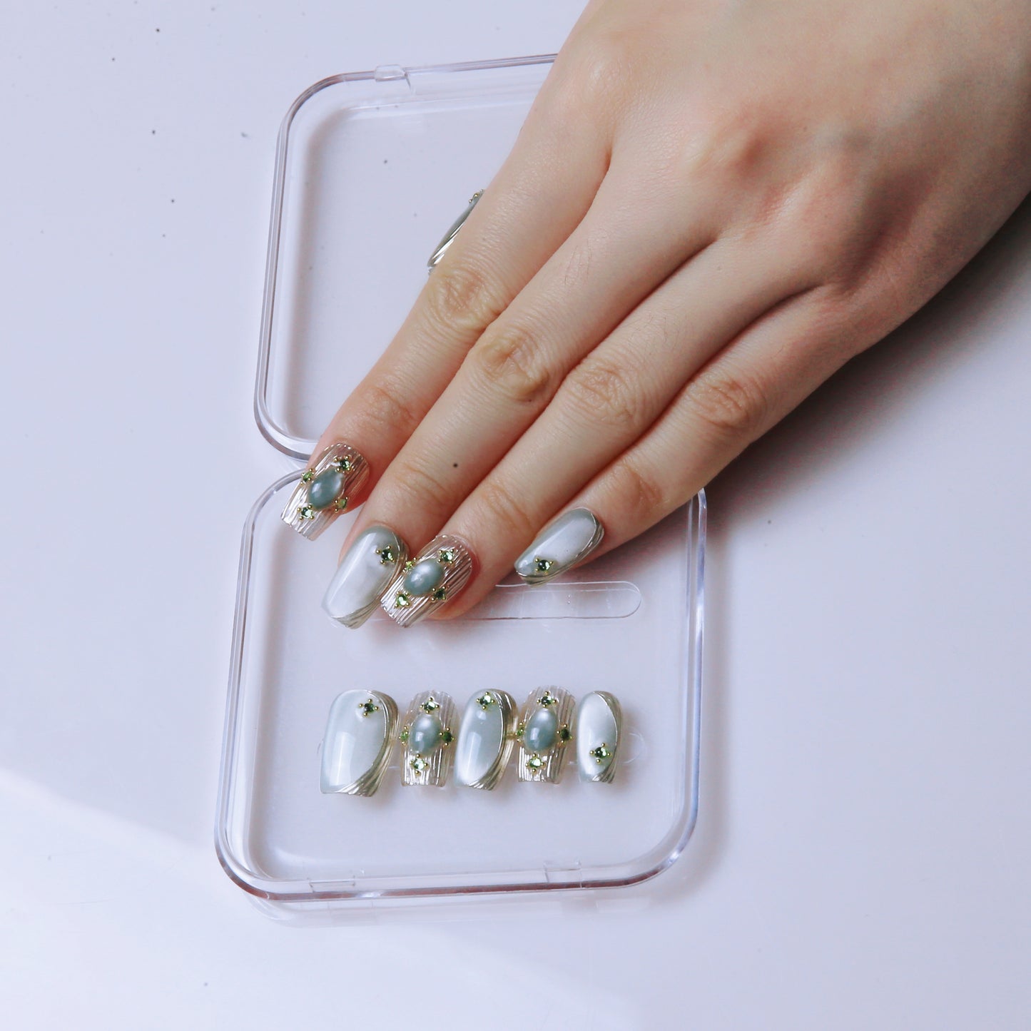 (M) Mint - green Marbled Hand - made Press  on Nails