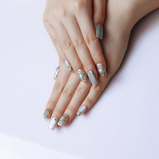 (M) Mint - green Marbled Hand - made Press  on Nails