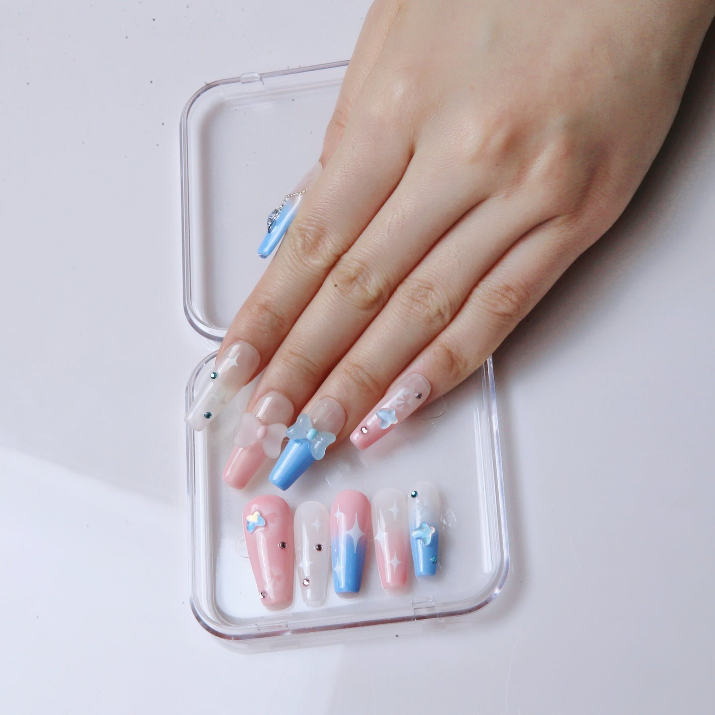 (M) Pink - Blue with Star Patterns and Charms handmade Press on Nails