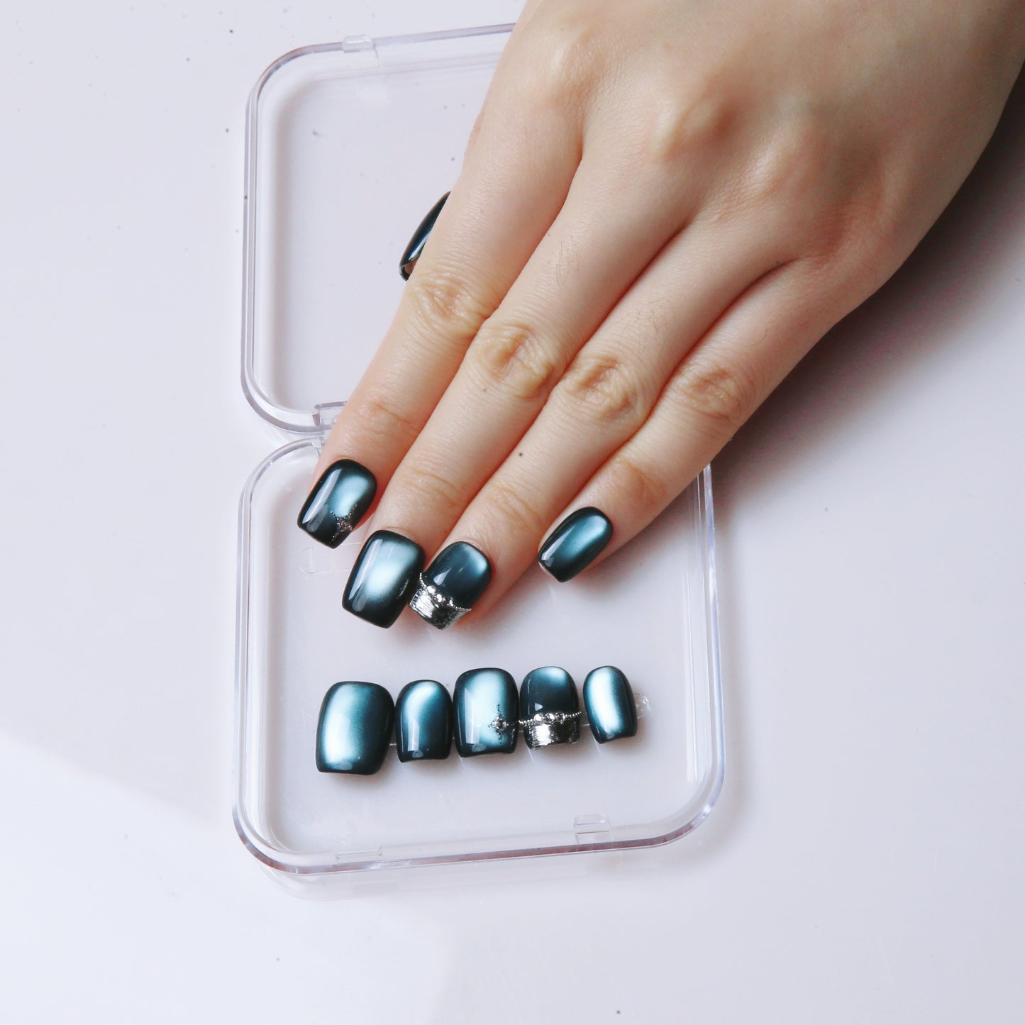 (M) Dark - teal Ombre Handmade Press  on Nails with Exquisite Patterns