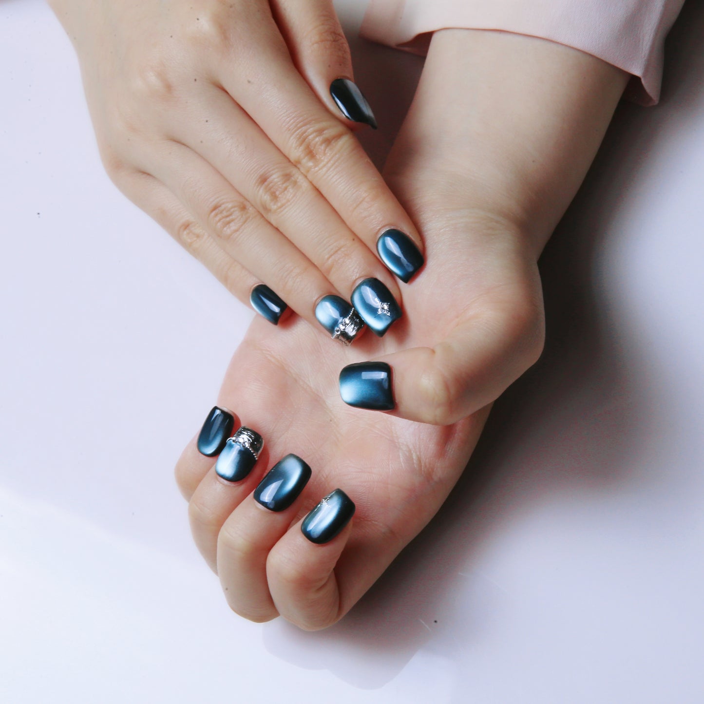 (M) Dark - teal Ombre Handmade Press  on Nails with Exquisite Patterns
