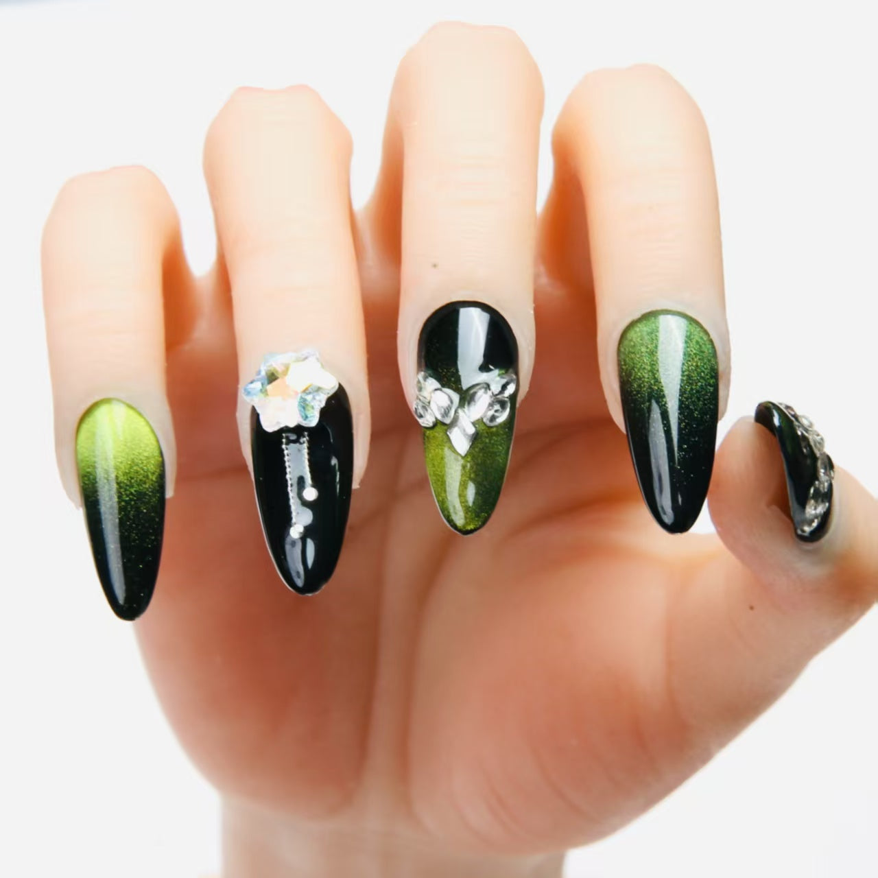 Green - Black Ombre Handmade Press  On Nails with Exquisite Patterns