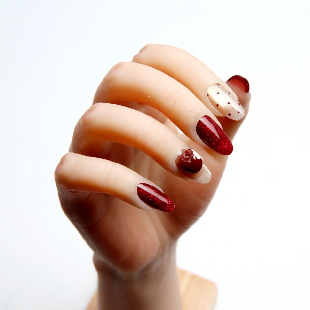 Crimson - hued Handmade Press - on Nails with Delicate Patterns