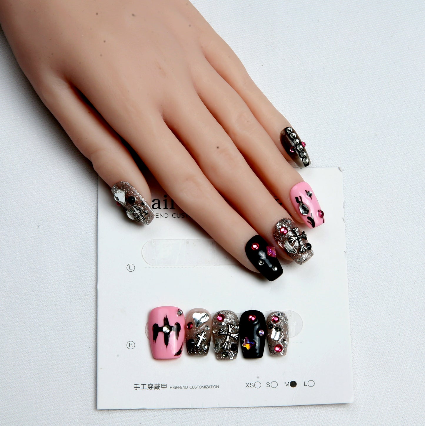 Pink & Black with Patterned Design hand made Press on Nails