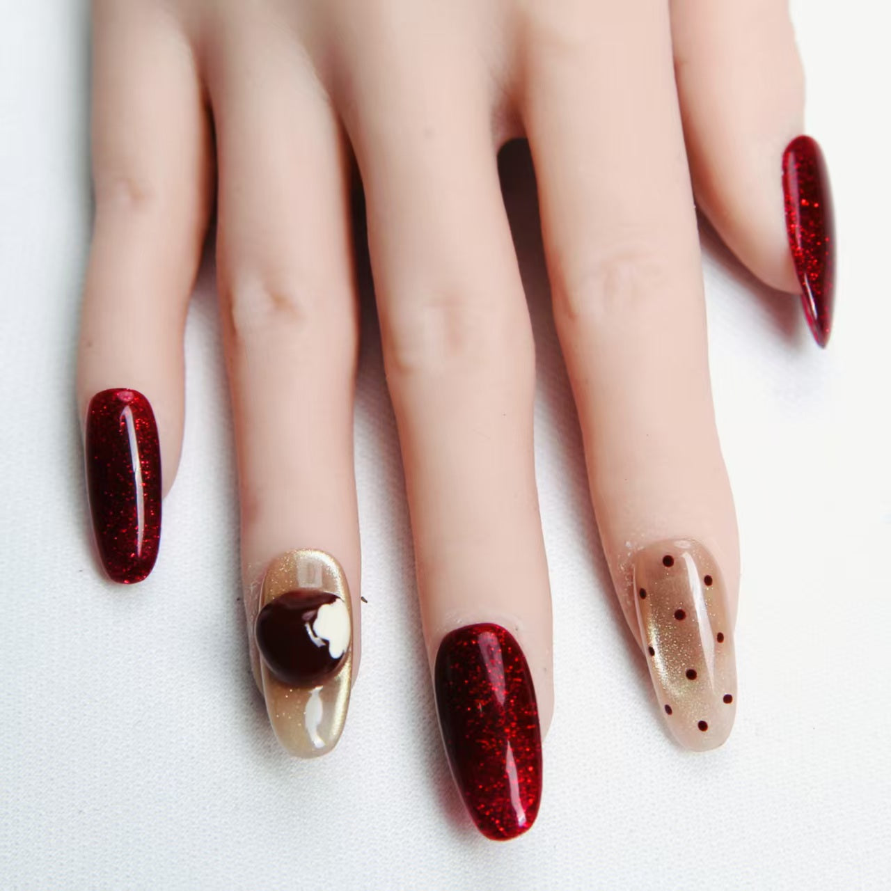 Crimson - hued Handmade Press - on Nails with Delicate Patterns